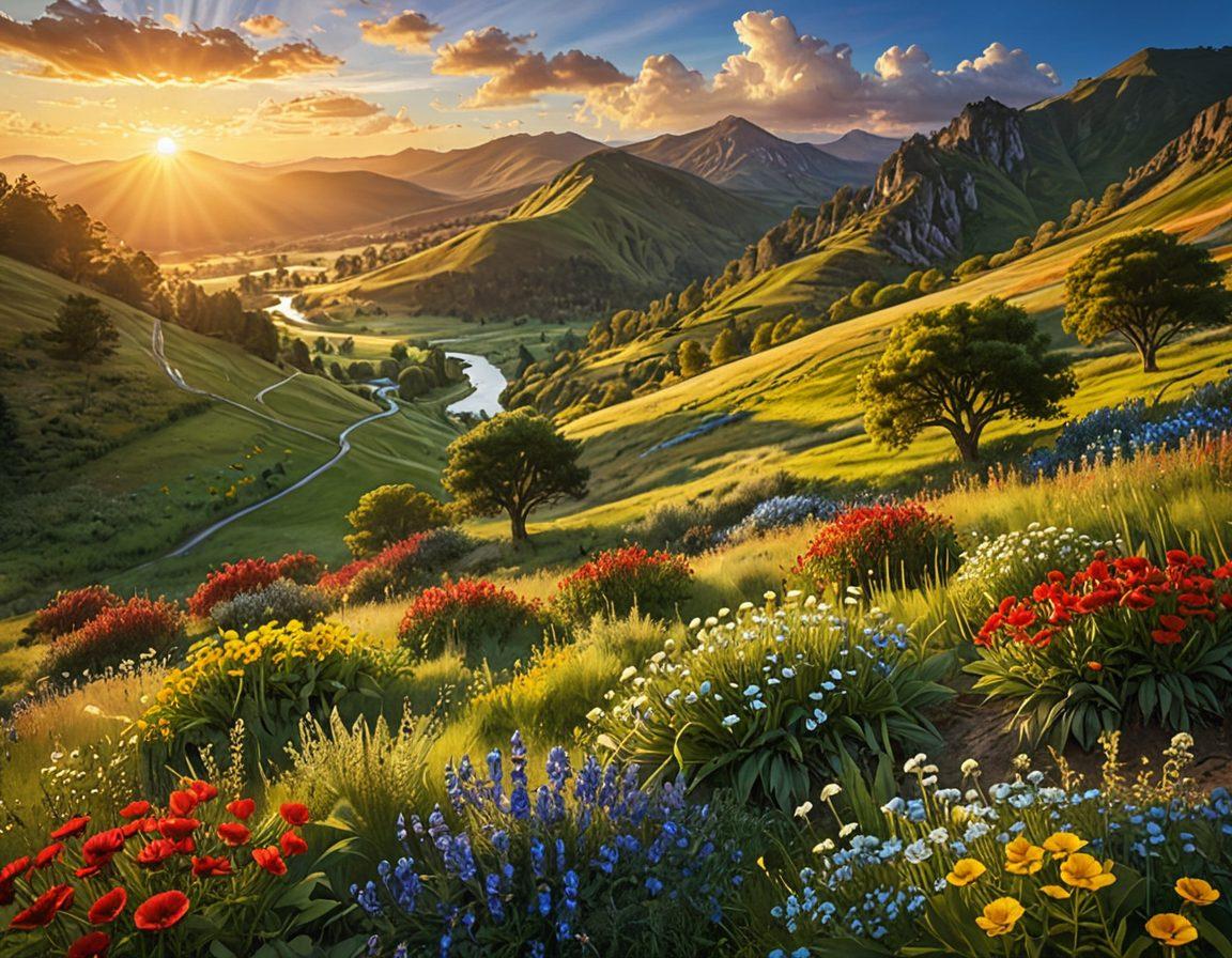 A serene landscape depicting a radiant sunrise over a lush green valley, with colorful flowers blooming in the foreground. A diverse group of people, smiling and sharing uplifting moments, are gathered together, symbolizing community and positivity. Soft, golden light bathes the scene, creating a hopeful ambiance. super-realistic. vibrant colors.