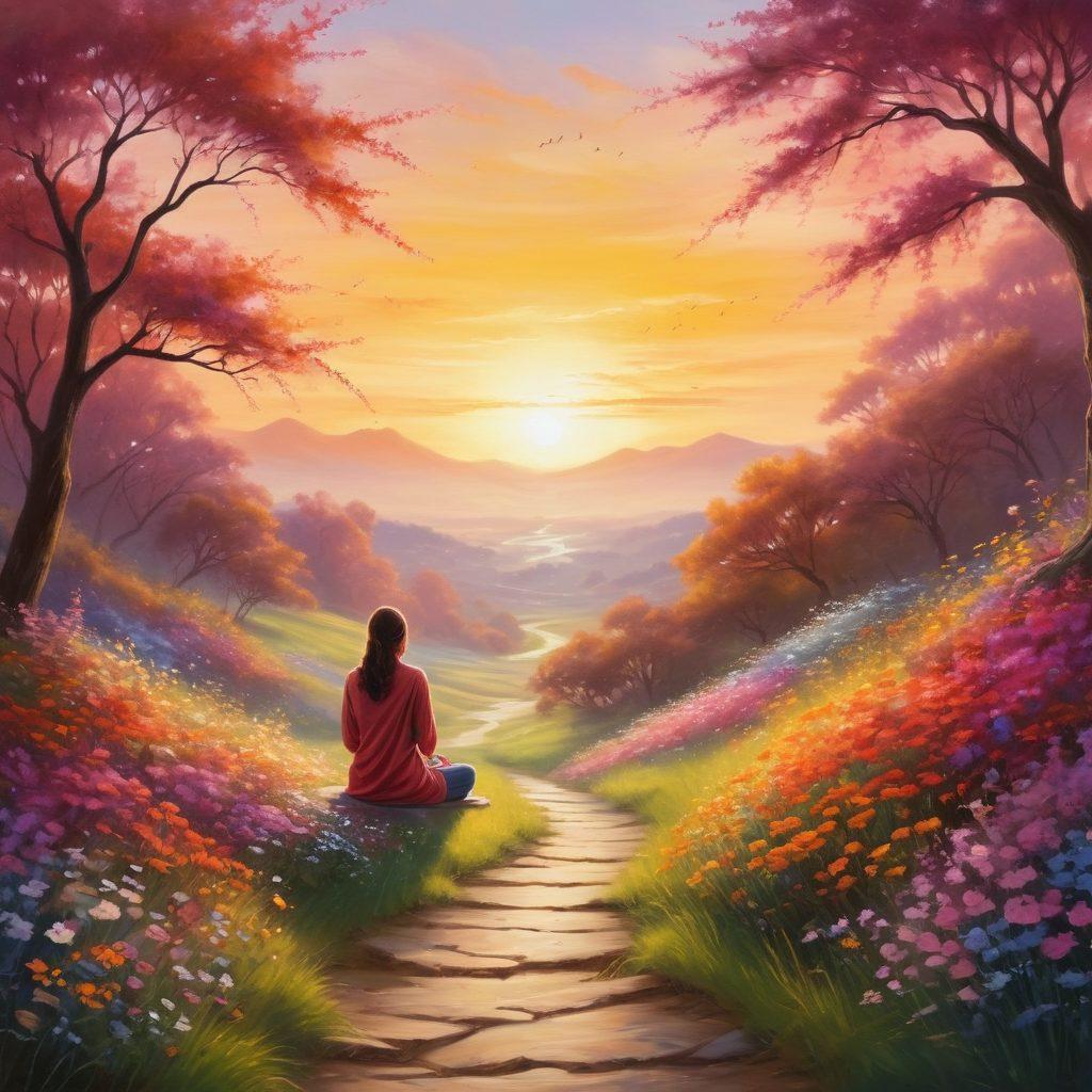 A serene landscape with an open path leading towards a vibrant sunrise, symbolizing personal growth and new beginnings. Include a silhouette of a person meditating by the path, surrounded by blossoming flowers and uplifting quotes floating in the air. The image should evoke feelings of peace and optimism, representing happiness and resilience. artistic painting. warm colors. soft focus.
