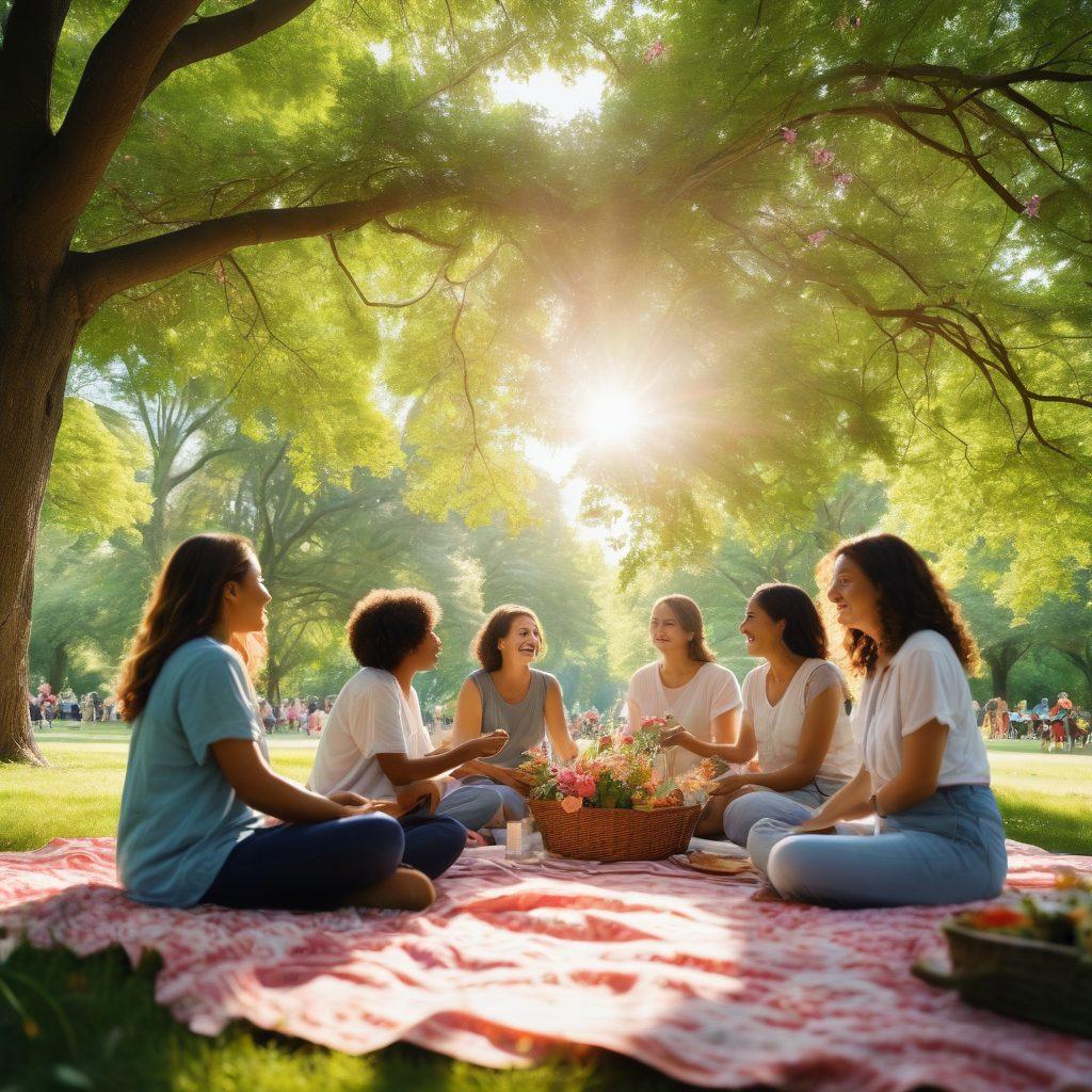 A diverse group of people gathered in a vibrant park, sharing laughter and joy, surrounded by blooming flowers and green trees. Warm sunlight filters through the leaves, creating a serene atmosphere. Individuals are engaged in various activities like sharing stories, holding hands, and connecting over a picnic. The scene radiates warmth and community spirit, inviting viewers to feel connected and uplifted. super-realistic. vibrant colors. soft focus.